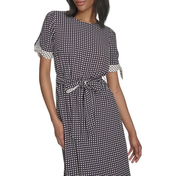H Halston Short Sleeve Printed Belted Dress Size 10 Black White Checkered Midi - Picture 2 of 5